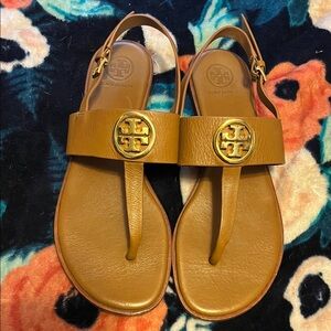 Tory Burch Brown Leather Sandals with Gold Logo